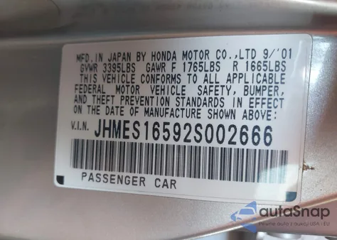 2002 Honda Civic Lx z USA, uszkodzony, nr VIN JHMES16592S002666